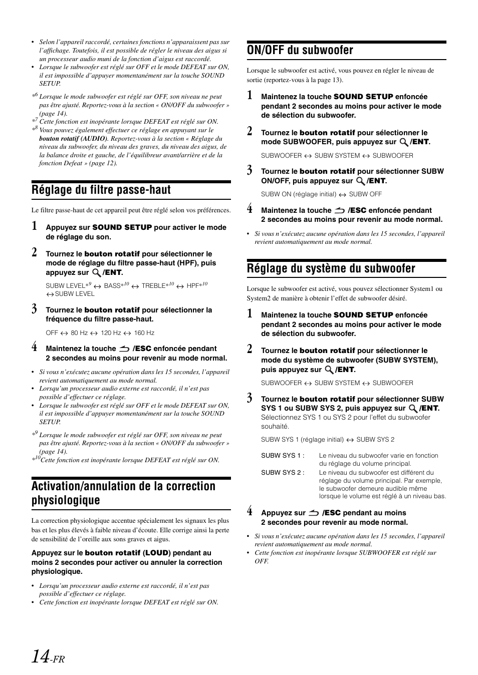 Réglage du filtre passe-haut, On/off du subwoofer, Réglage du système du subwoofer | Activation/annulation de la correction, Physiologique | Alpine cda-9884 User Manual | Page 60 / 131