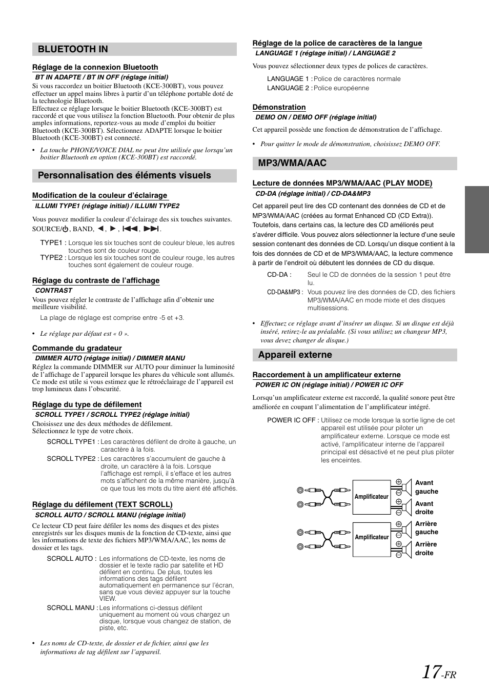 Bluetooth in, Réglage de la connexion bluetooth, Personnalisation des éléments visuels | Modification de la couleur d’éclairage, Réglage du contraste de l’affichage, Commande du gradateur, Réglage du type de défilement, Réglage du défilement (text scroll), Réglage de la police de caractères de la langue, Démonstration | Alpine cda-9884 User Manual | Page 63 / 131