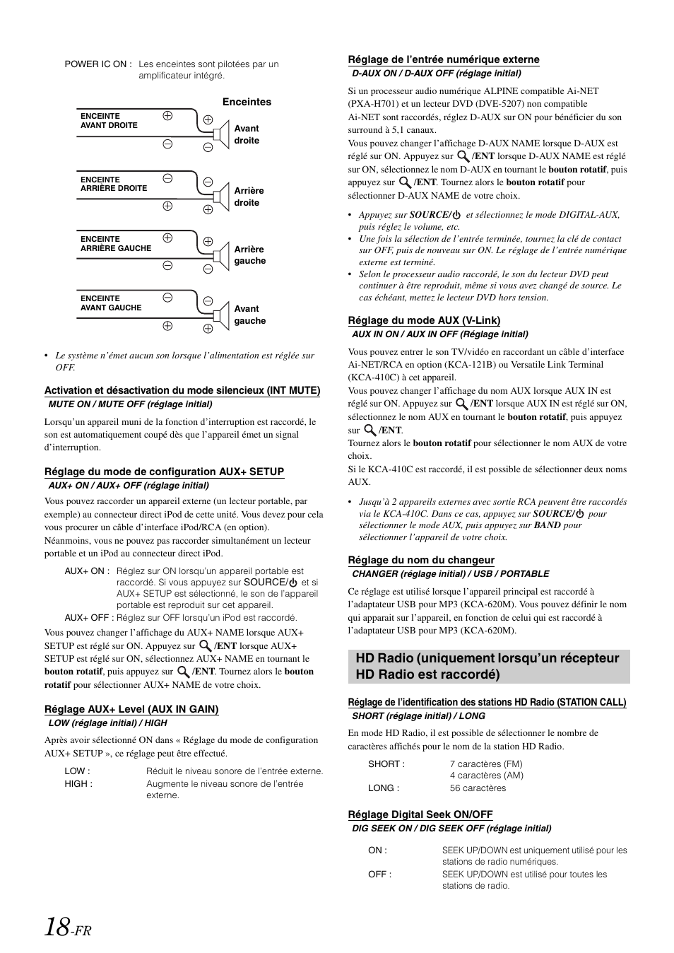 Réglage du mode de configuration aux+ setup, Réglage aux+ level (aux in gain), Réglage de l’entrée numérique externe | Réglage du mode aux (v-link), Réglage du nom du changeur, Réglage digital seek on/off, Activation et désactivation du mode silencieux, Int mute), Réglage du mode de configuration, Aux+ setup | Alpine cda-9884 User Manual | Page 64 / 131
