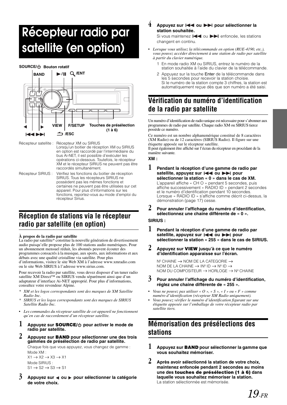 Récepteur radio par satellite (en option), Mémorisation des présélections des stations, Réception de stations via le récepteur radio par | Satellite (en option), Vérification du numéro d’identification de la, Radio par satellite, Mémorisation des présélections des, Stations | Alpine cda-9884 User Manual | Page 65 / 131