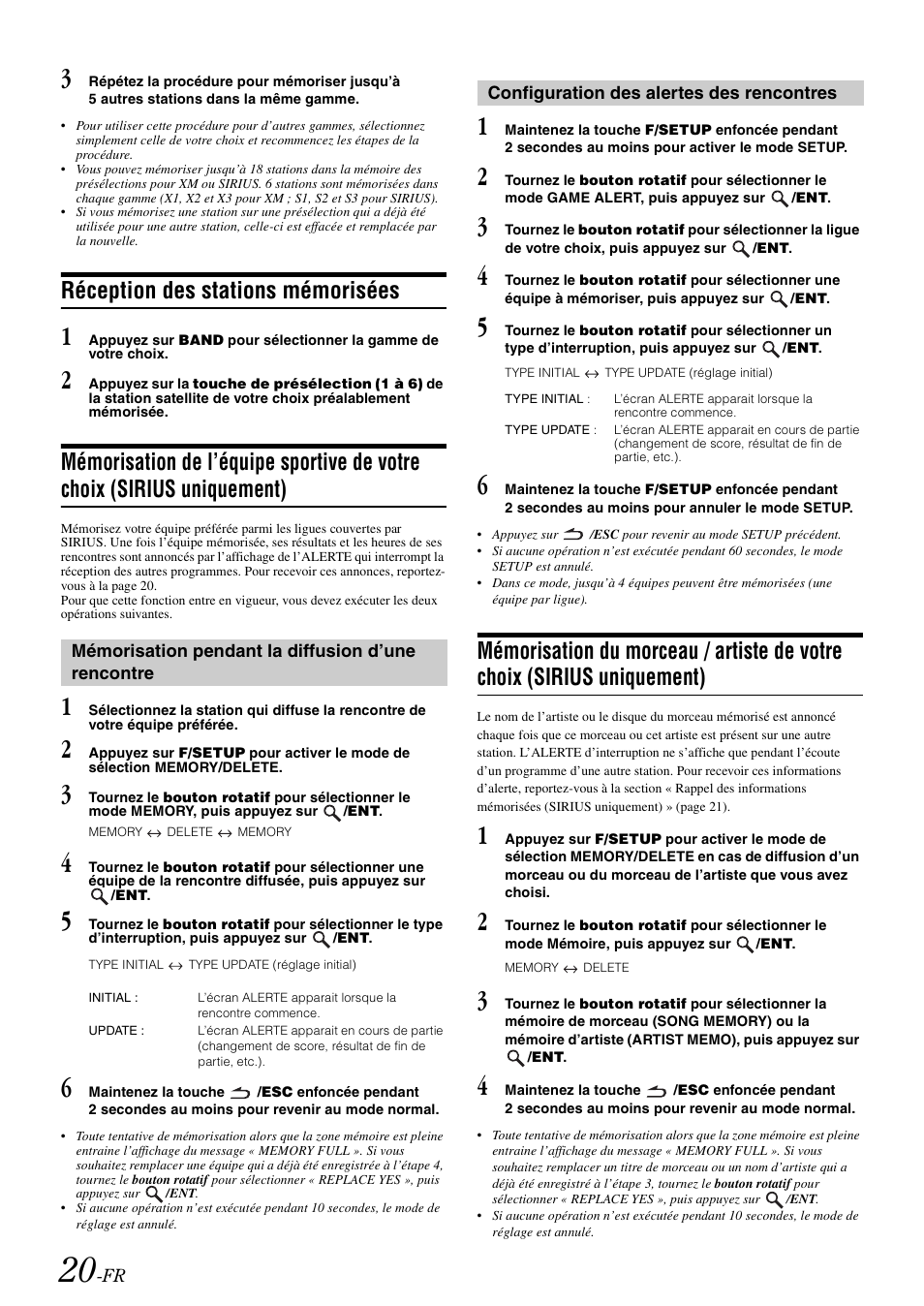 Réception des stations mémorisées, Mémorisation pendant la diffusion d’une rencontre, Configuration des alertes des rencontres | Mémorisation de l’équipe sportive de votre, Contre, Mémorisation du morceau / artiste de votre, Choix (sirius uniquement) | Alpine cda-9884 User Manual | Page 66 / 131