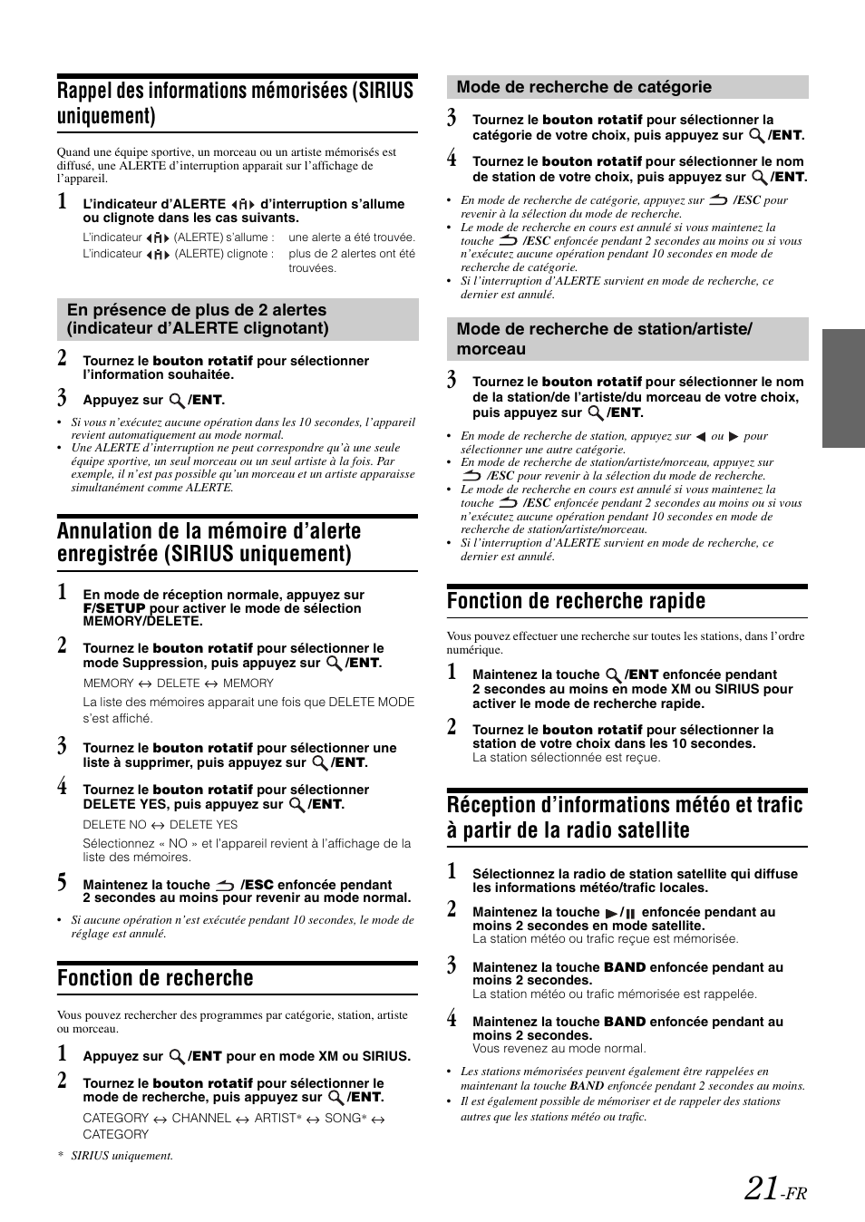Fonction de recherche, Mode de recherche de catégorie, Mode de recherche de station/artiste/ morceau | Fonction de recherche rapide, Rappel des informations mémorisées, Indicateur d’alerte clignotant), Annulation de la mémoire d’alerte enregistrée, Sirius uniquement), Morceau, Réception d’informations météo et trafic à | Alpine cda-9884 User Manual | Page 67 / 131