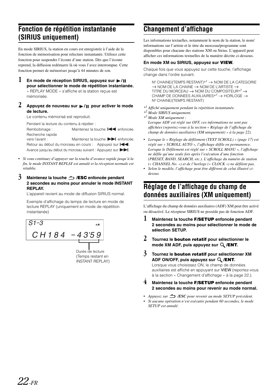 Changement d’affichage, Fonction de répétition instantanée, Sirius uniquement) | Réglage de l’affichage du champ de données, Auxiliaires (xm uniquement), S1 3 | Alpine cda-9884 User Manual | Page 68 / 131