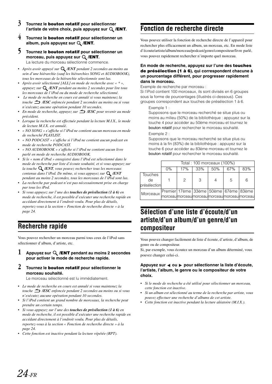Recherche rapide, Fonction de recherche directe, Sélection d’une liste d’écoute/d’un artiste/d’un | Album/d’un genre/d’un compositeur | Alpine cda-9884 User Manual | Page 70 / 131