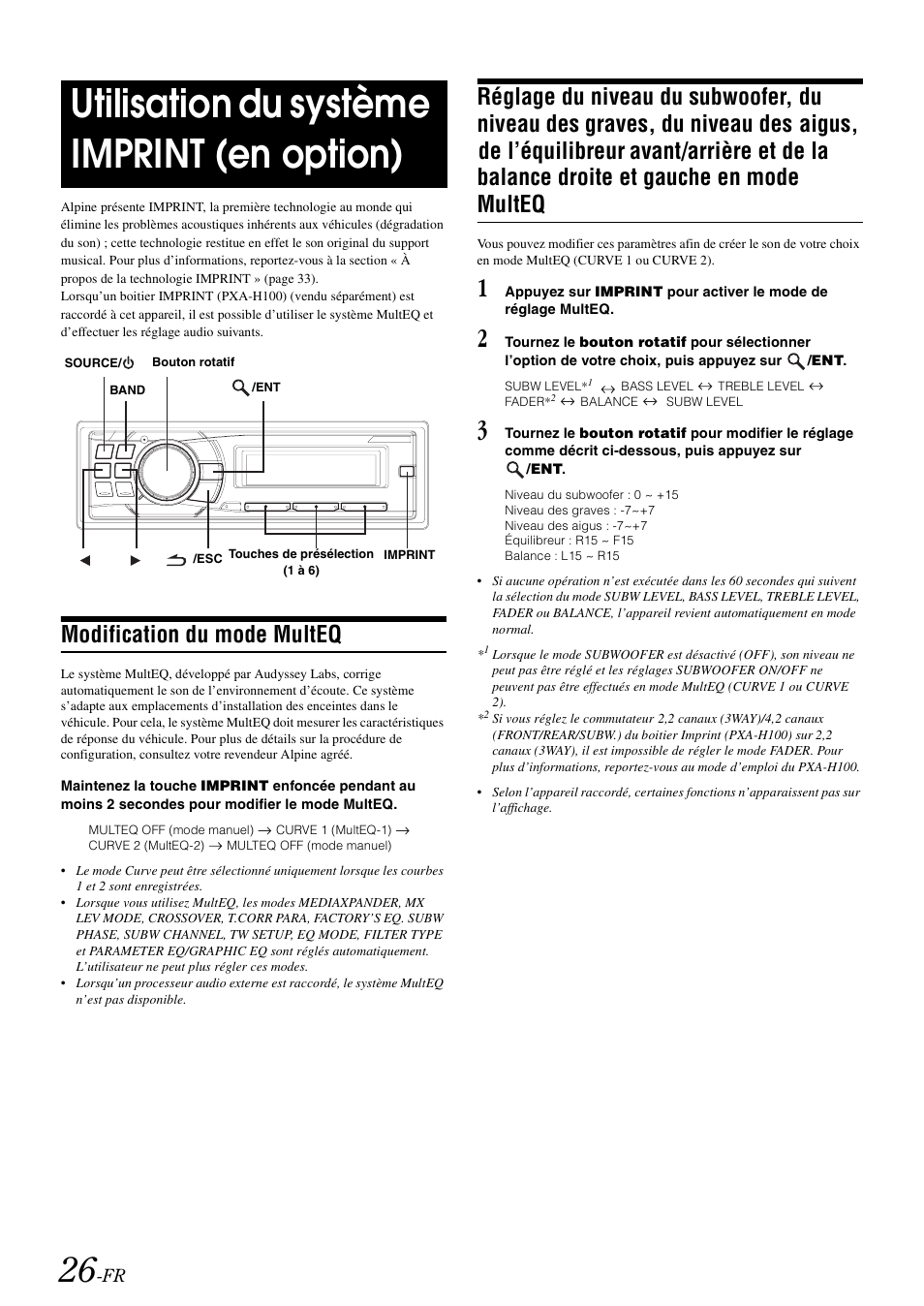 Utilisation du système imprint (en option), Modification du mode multeq, Réglage du niveau du subwoofer, du niveau des | Alpine cda-9884 User Manual | Page 72 / 131