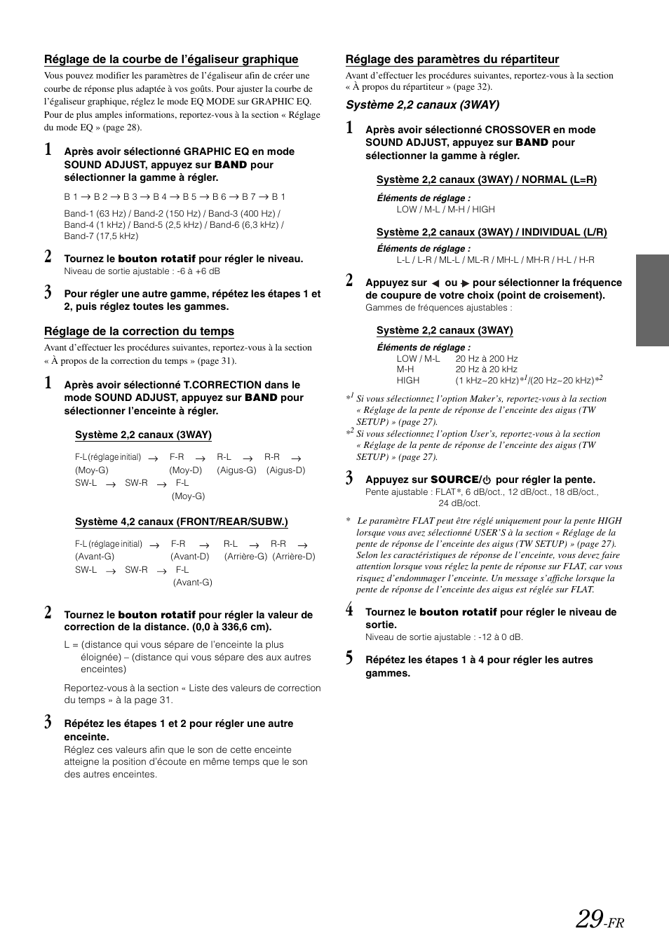 Réglage de la courbe de l’égaliseur graphique, Réglage de la correction du temps, Réglage des paramètres du répartiteur | Réglage de la courbe de l’égaliseur, Graphique | Alpine cda-9884 User Manual | Page 75 / 131