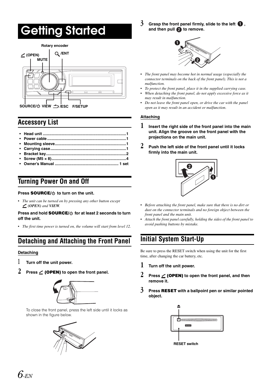 Getting started, Accessory list, Turning power on and off | Detaching and attaching the front panel, Initial system start-up | Alpine cda-9884 User Manual | Page 8 / 131