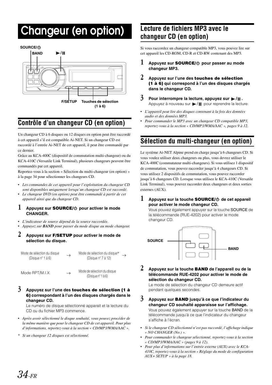 Changeur (en option), Contrôle d’un changeur cd (en option), Sélection du multi-changeur (en option) | Lecture de fichiers mp3 avec le changeur cd, En option) | Alpine cda-9884 User Manual | Page 80 / 131