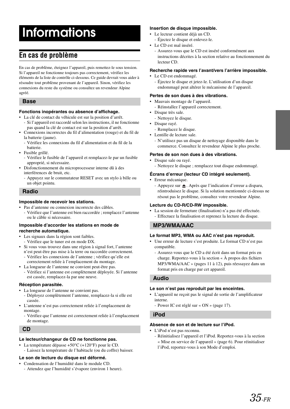 Informations, En cas de problème | Alpine cda-9884 User Manual | Page 81 / 131