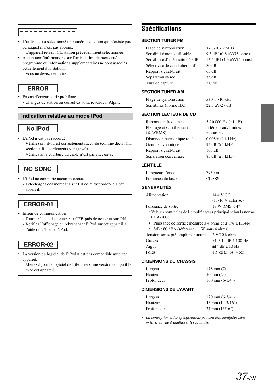 Spécifications, Indication relative au mode ipod | Alpine cda-9884 User Manual | Page 83 / 131