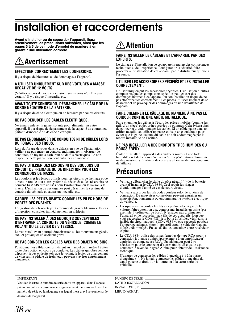 Installation et raccordements, Avertissement, Attention | Précautions | Alpine cda-9884 User Manual | Page 84 / 131