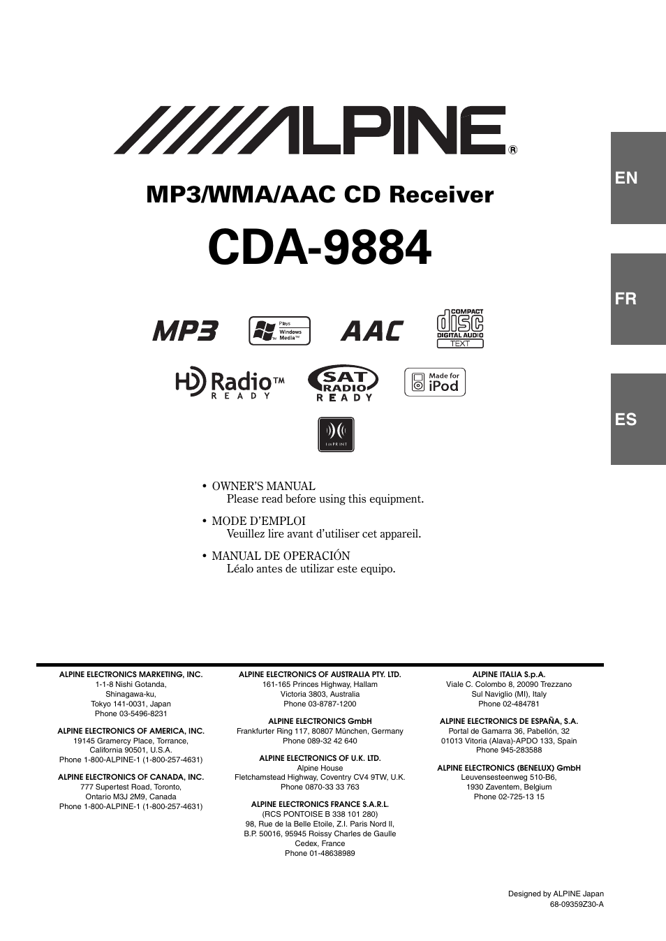 Cda-9884, Mp3/wma/aac cd receiver, En fr es | Alpine cda-9884 User Manual | Page 89 / 131