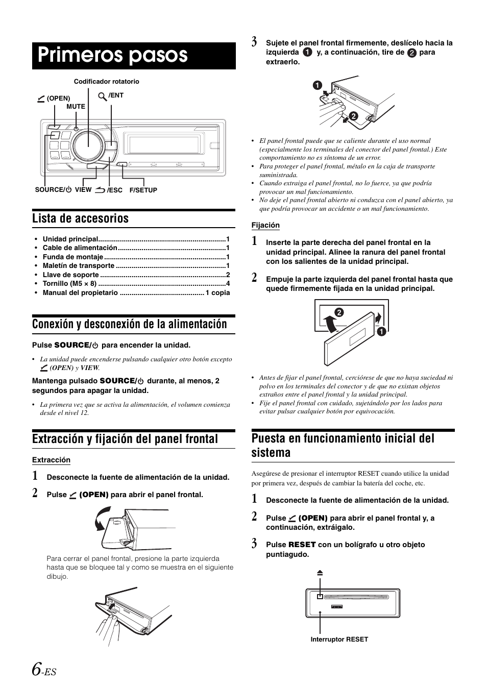 Primeros pasos, Lista de accesorios, Conexión y desconexión de la alimentación | Extracción y fijación del panel frontal, Puesta en funcionamiento inicial del sistema | Alpine cda-9884 User Manual | Page 96 / 131