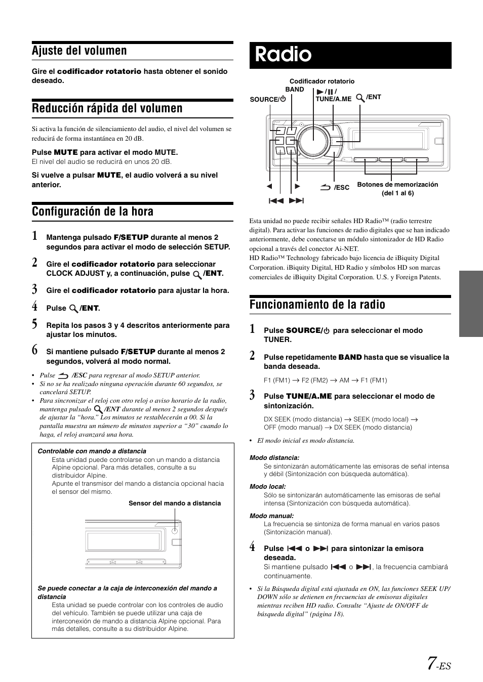 Ajuste del volumen, Reducción rápida del volumen, Configuración de la hora | Radio, Funcionamiento de la radio | Alpine cda-9884 User Manual | Page 97 / 131