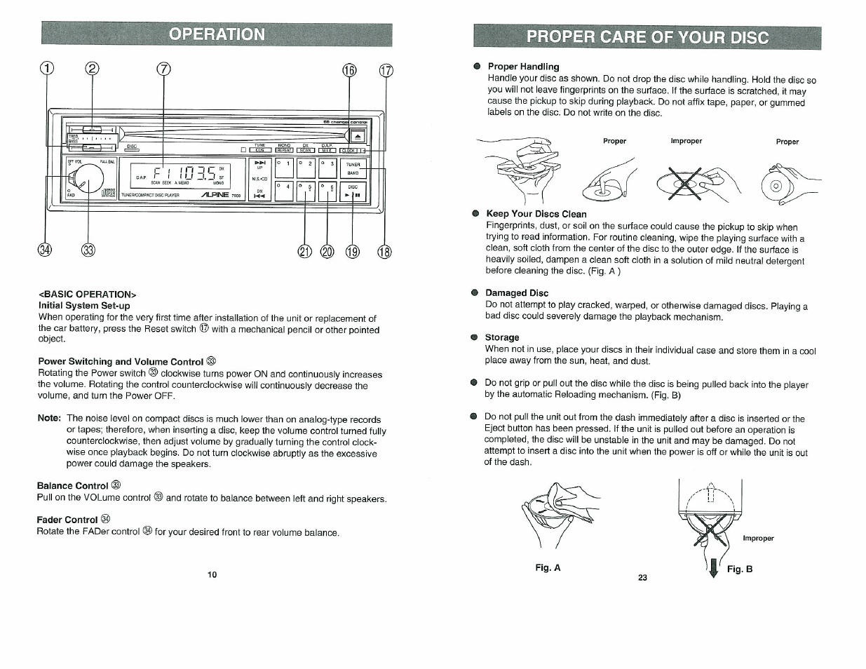 Basic operation, Power switching and volume control, Balance control | Proper care of your disc, Proper handling, Damaged disc, Storage, Basic operation & 11 | Alpine 7909 User Manual | Page 10 / 16