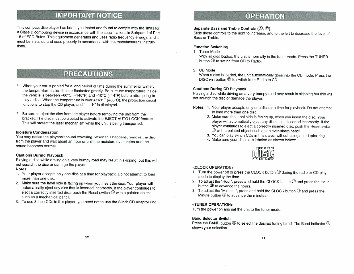 Precautions, Moisture condensation, Cautions during playback | Separate bass and treble controls (©, (d), Function switching, Cautions during cd playback, Clock operation, Tuner operation, Band selector switch, Tuner operation - 14 | Alpine 7909 User Manual | Page 11 / 16