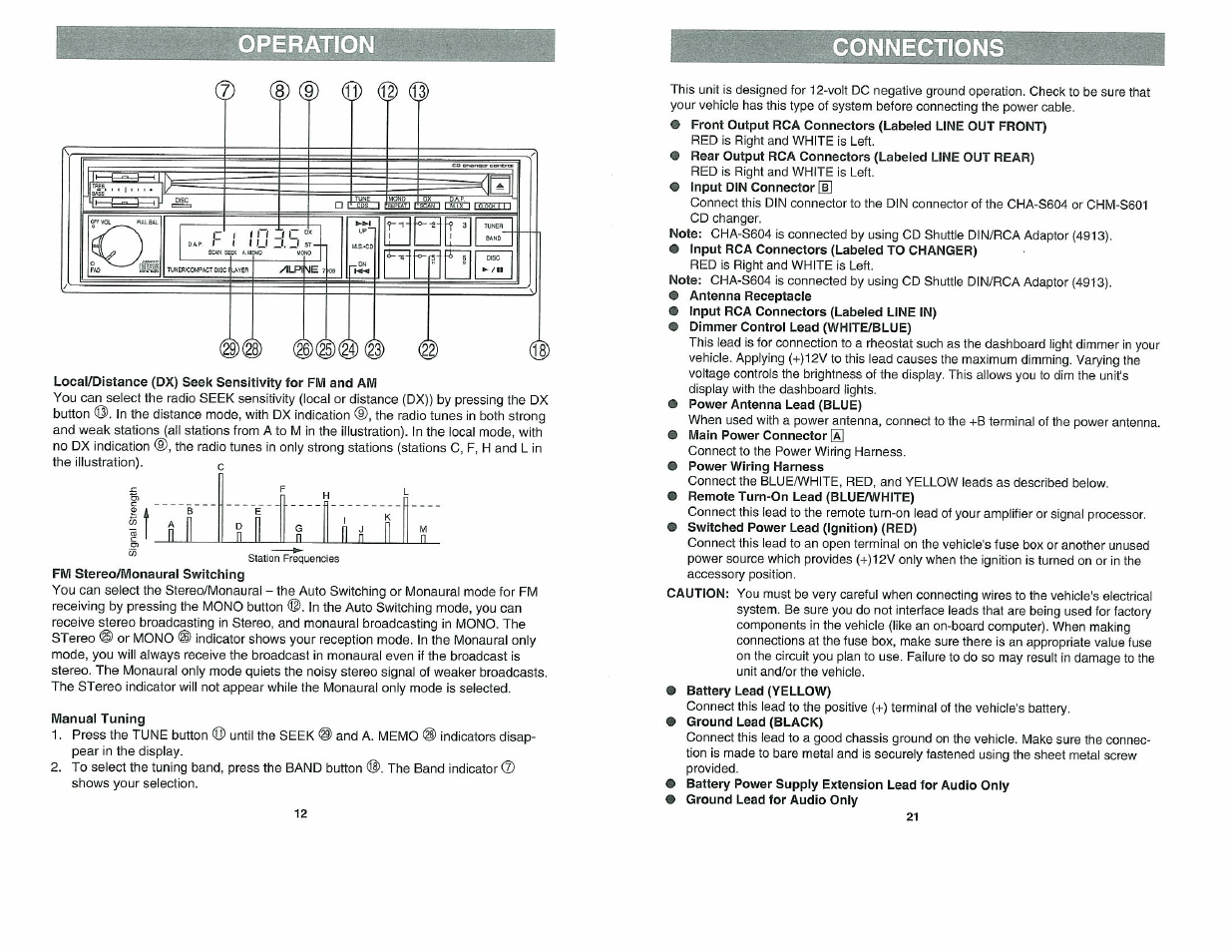 Local/distance (dx) seek sensitivity for fm and am, Manual tuning, Connections | Connections & 21, Operaildn | Alpine 7909 User Manual | Page 12 / 16