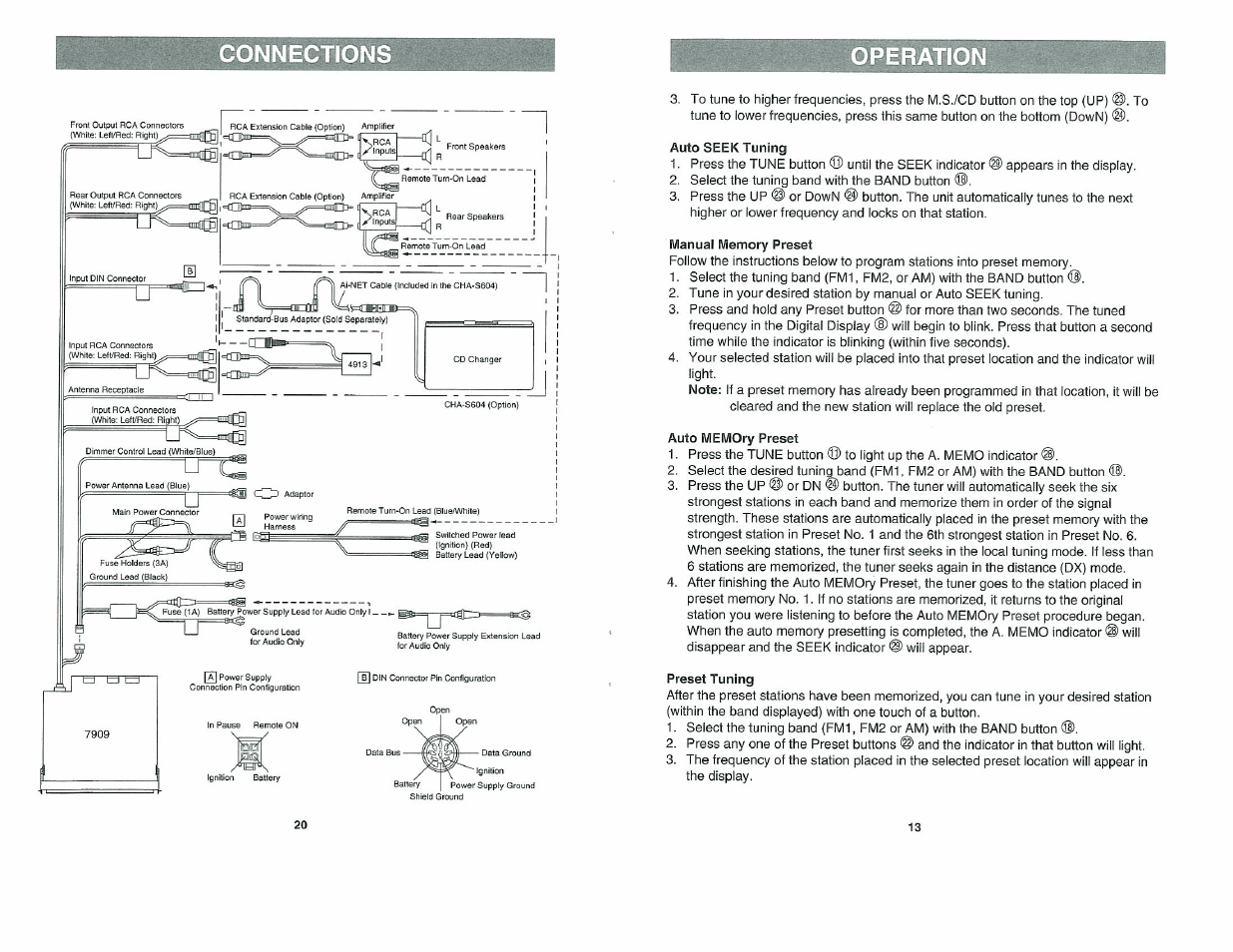 Auto seek tuning, Manual memory preset, Auto memory preset | Preset tuning, Connections operation | Alpine 7909 User Manual | Page 13 / 16