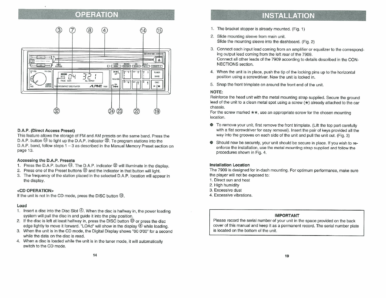 D.a.p. (direct access preset), Accessing the d.a.p. presets, Cd operation | Load, Note, Installation location, Cd operation 4 - 1 6, Operation, Installation | Alpine 7909 User Manual | Page 14 / 16