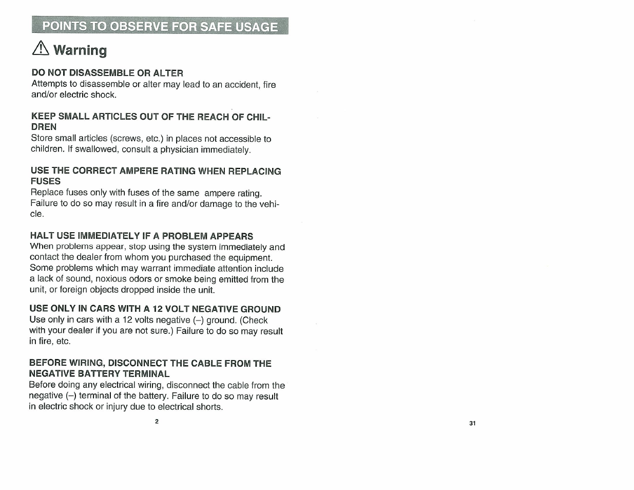 Points to observe for safe usage, Points to o | Alpine 7909 User Manual | Page 2 / 16