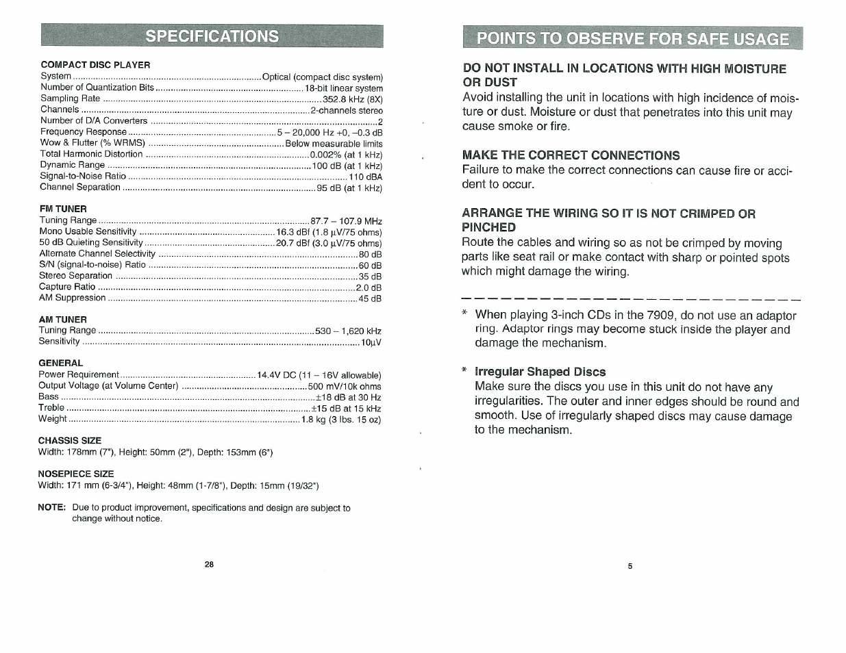 Points to observe for safe usage, Specifications | Alpine 7909 User Manual | Page 5 / 16