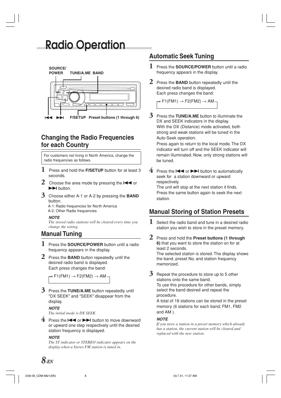 Radio operation, Changing the radio frequencies for each country, Manual tuning | Automatic seek tuning, Manual storing of station presets | Alpine cdm-9821 User Manual | Page 10 / 22