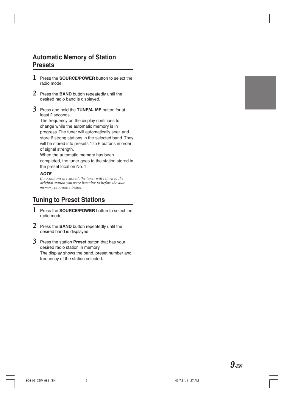 Tuning to preset stations | Alpine cdm-9821 User Manual | Page 11 / 22