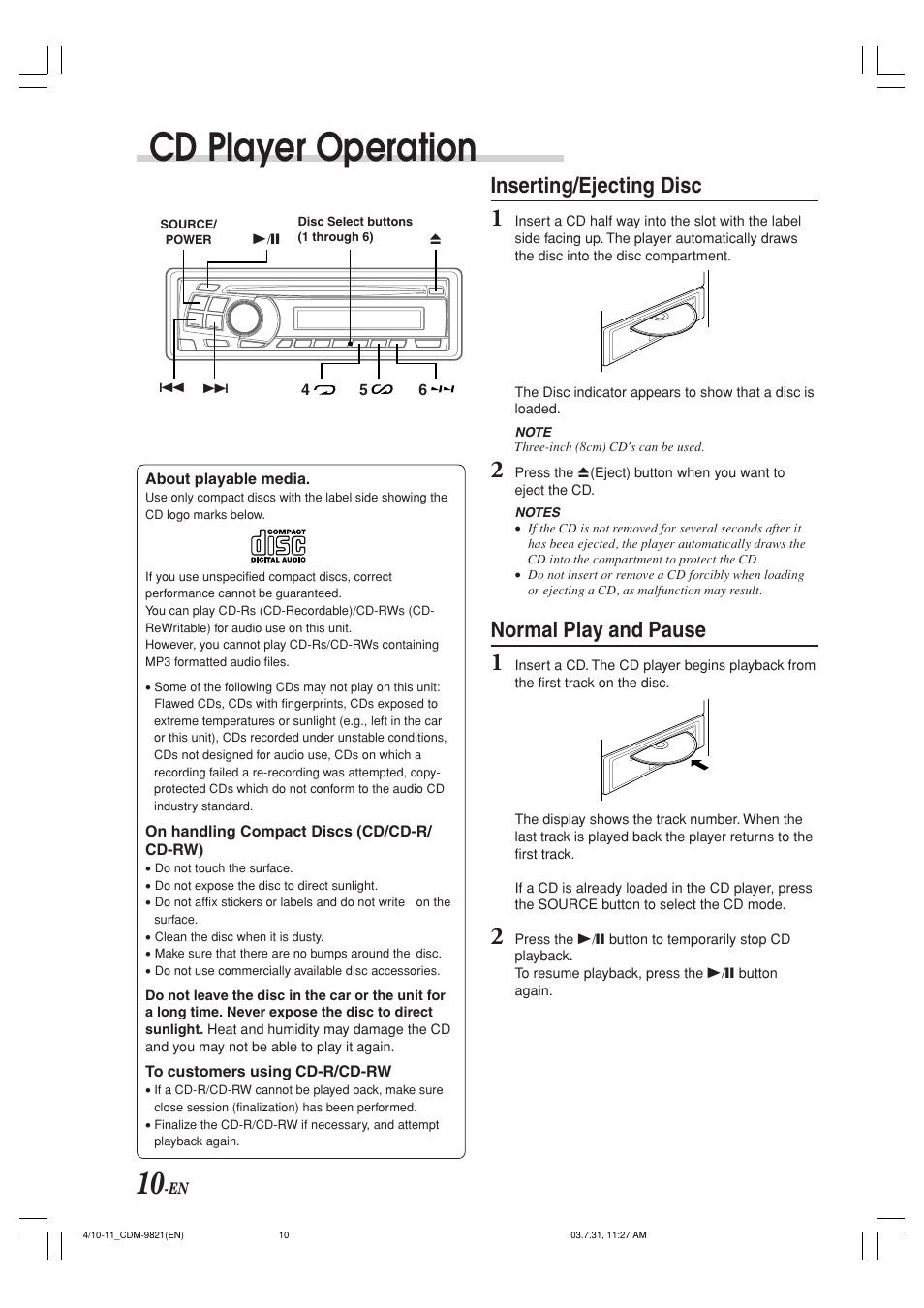 Cd player operation, Inserting/ejecting disc, Normal play and pause | Alpine cdm-9821 User Manual | Page 12 / 22