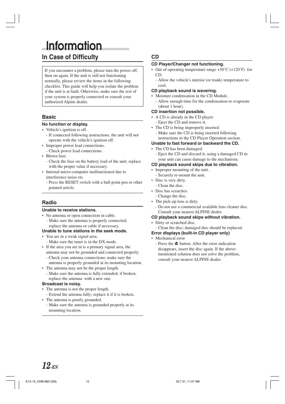 Information | Alpine cdm-9821 User Manual | Page 14 / 22