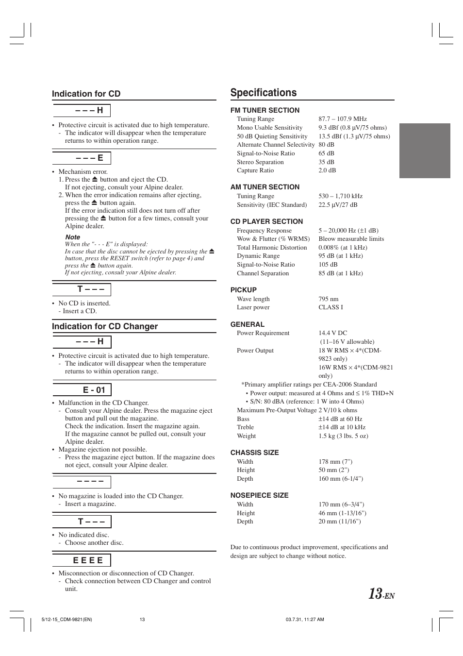 Specifications | Alpine cdm-9821 User Manual | Page 15 / 22