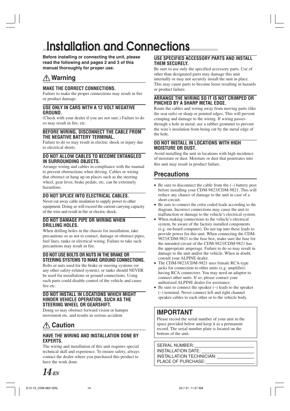 Installation and connections, Warning, Caution | Important, Precautions | Alpine cdm-9821 User Manual | Page 16 / 22