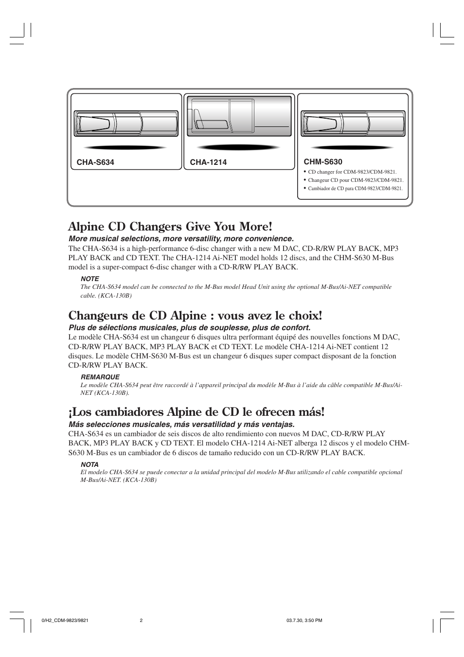 Alpine cd changers give you more, Changeurs de cd alpine : vous avez le choix, Los cambiadores alpine de cd le ofrecen más | Alpine cdm-9821 User Manual | Page 2 / 22