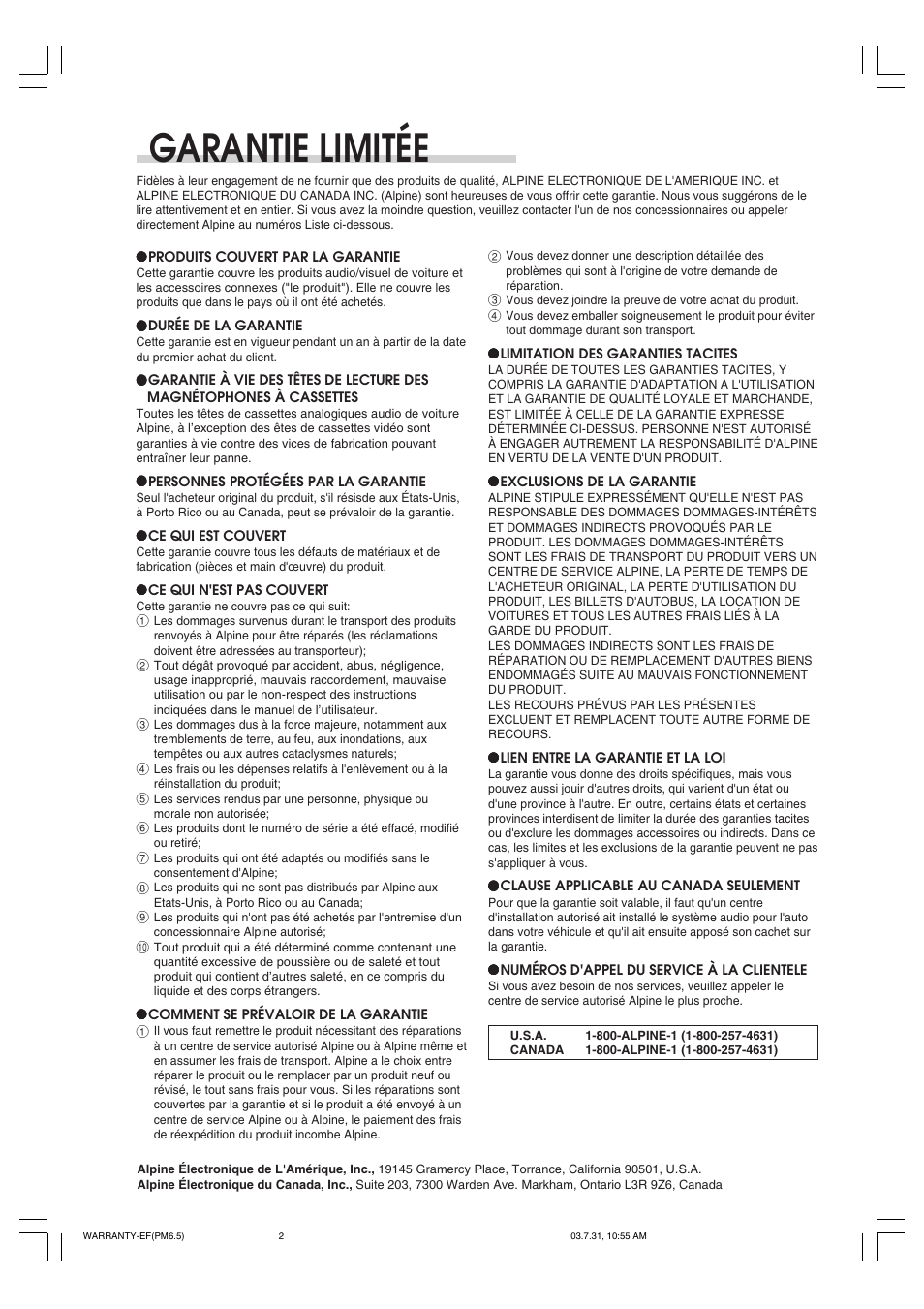 Garantie limitée | Alpine cdm-9821 User Manual | Page 21 / 22