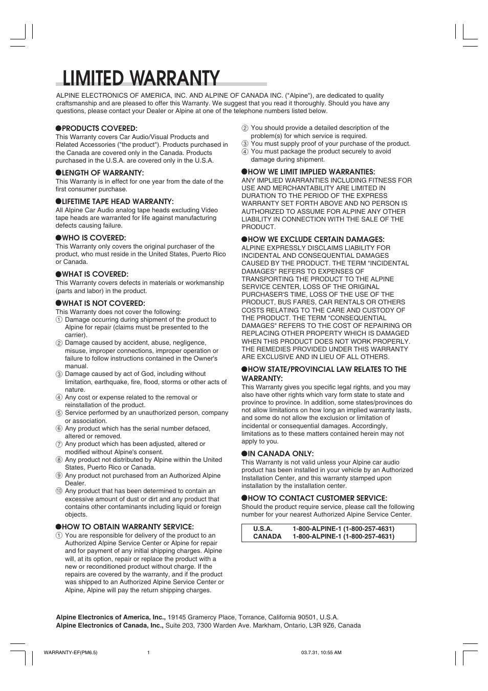 Limited warranty | Alpine cdm-9821 User Manual | Page 22 / 22