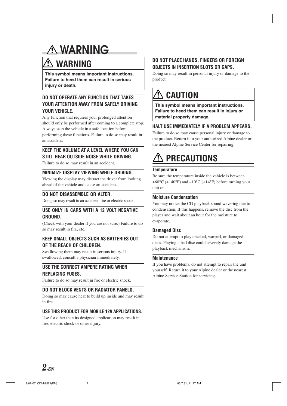 Warning, Caution, Precautions | Alpine cdm-9821 User Manual | Page 4 / 22