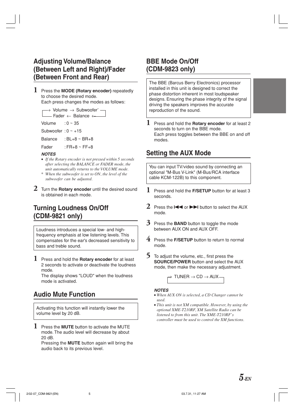 Turning loudness on/off (cdm-9821 only), Audio mute function, Bbe mode on/off (cdm-9823 only) | Setting the aux mode | Alpine cdm-9821 User Manual | Page 7 / 22