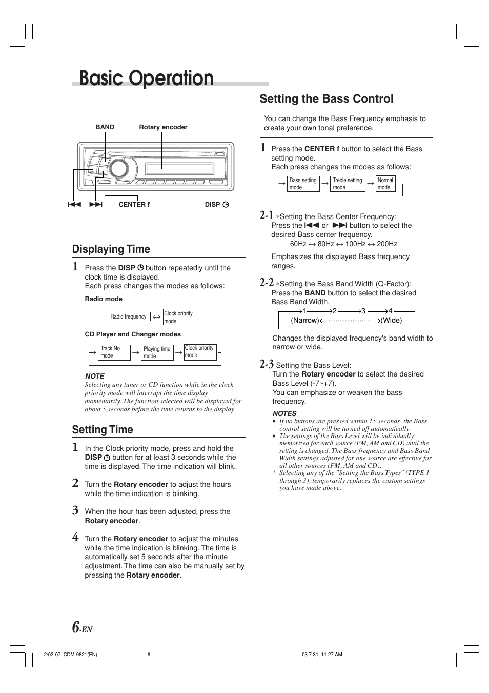 Basic operation, Setting the bass control, Displaying time | Setting time | Alpine cdm-9821 User Manual | Page 8 / 22