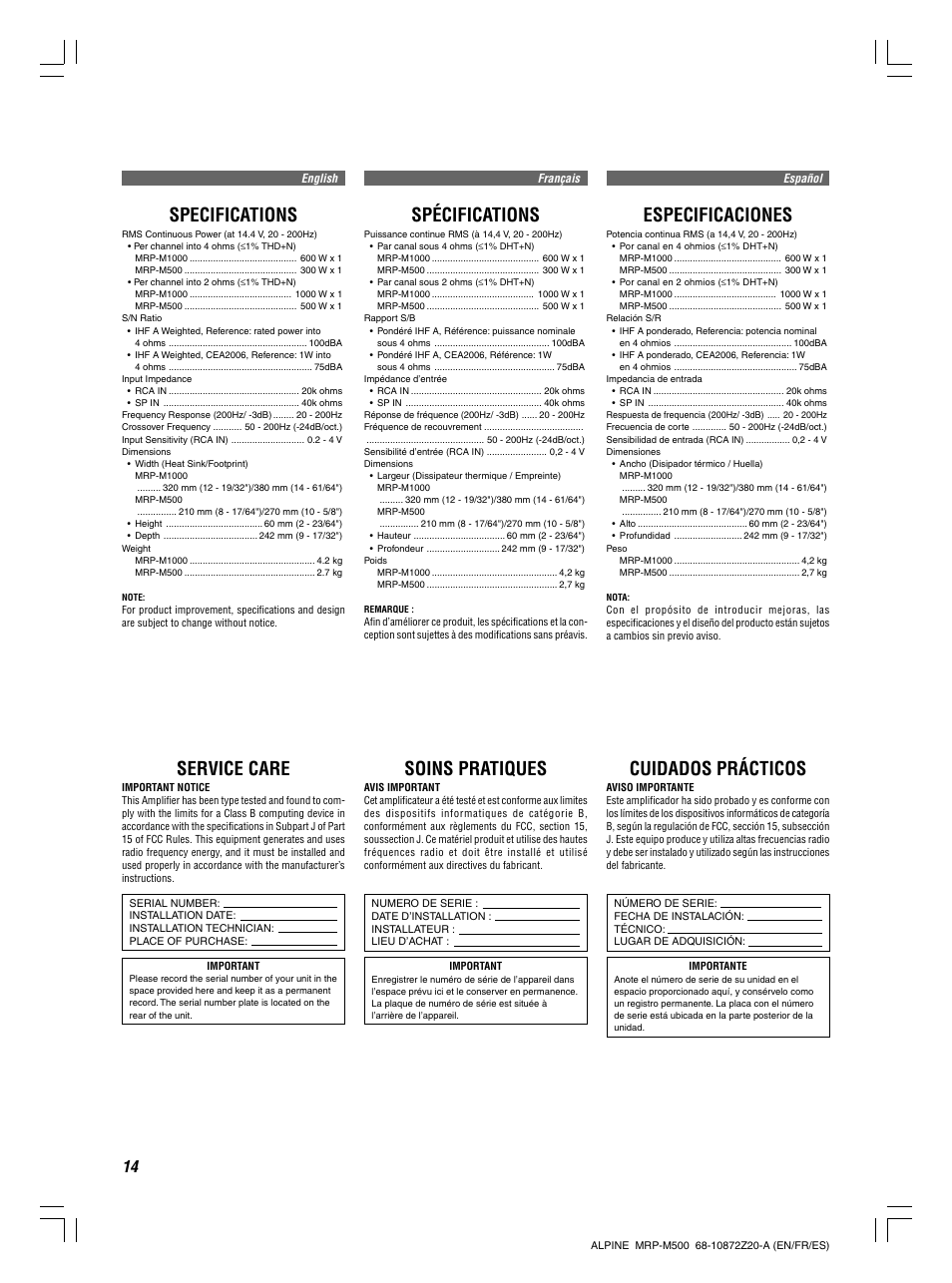 Service care, Soins pratiques, Cuidados prácticos | Specifications, Spécifications, Especificaciones | Alpine MRP-M500 User Manual | Page 14 / 16