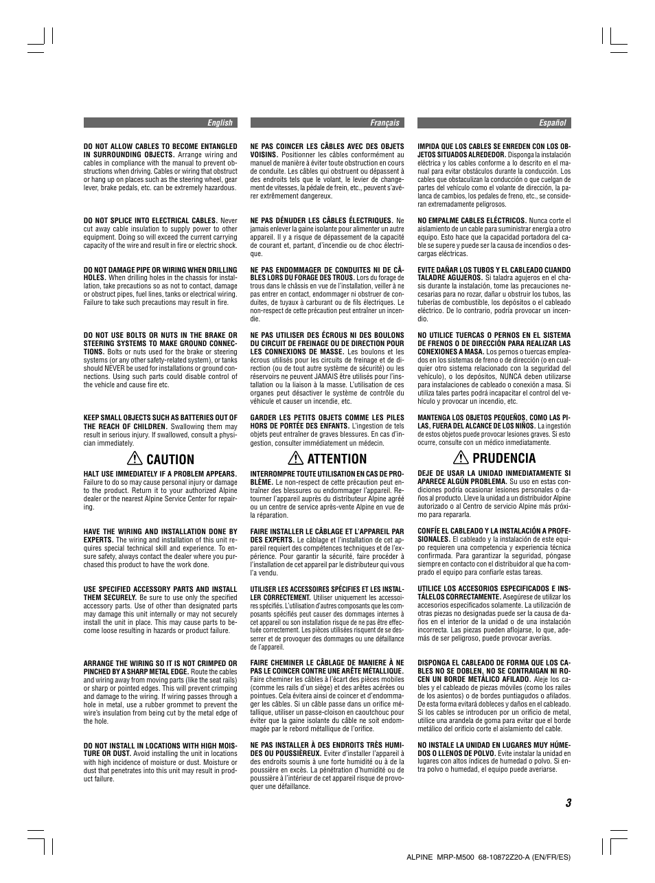 Attention, Prudencia, Caution | Alpine MRP-M500 User Manual | Page 3 / 16