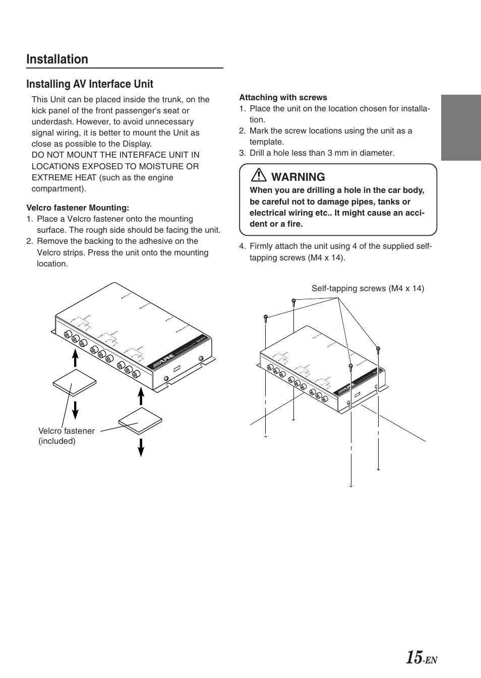 Installation, Fr es de se it, Installing av interface unit | Warning, Velcro fastener (included) | Alpine 68-00493Z15-B User Manual | Page 17 / 26