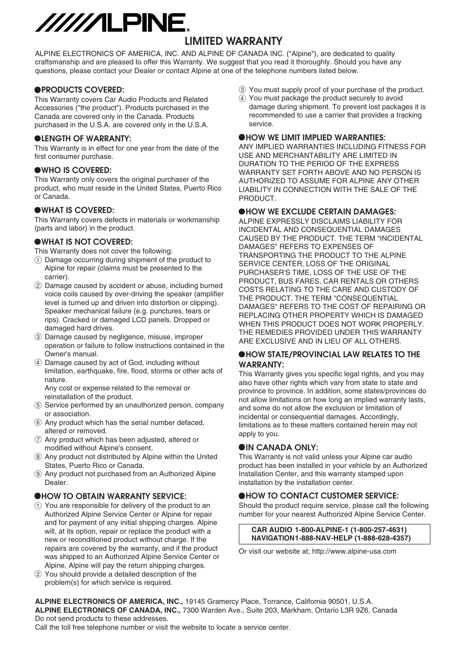 Limited warranty | Alpine 68-00493Z15-B User Manual | Page 25 / 26