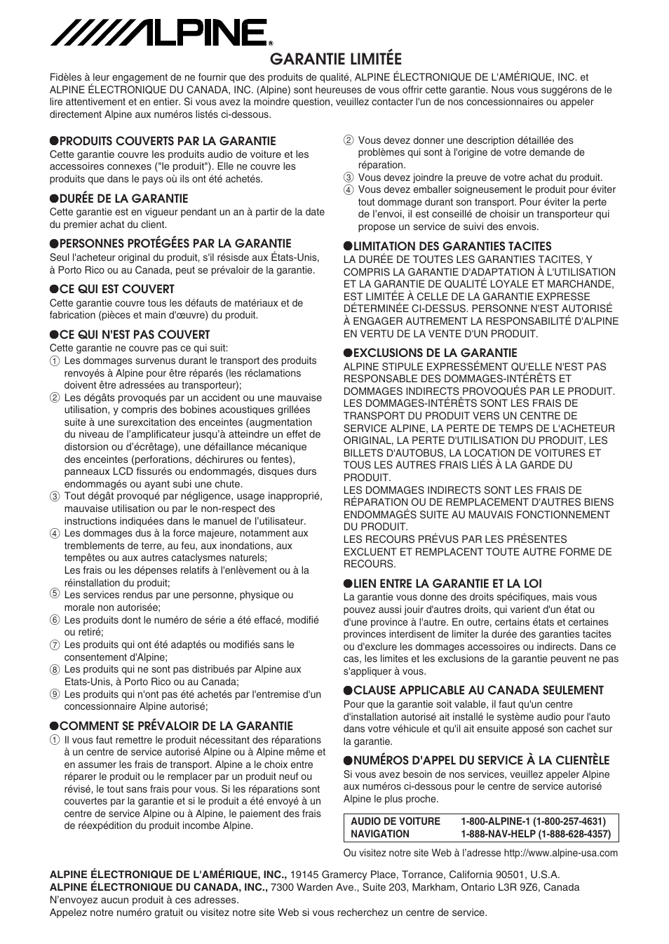 Garantie limitée | Alpine 68-00493Z15-B User Manual | Page 26 / 26