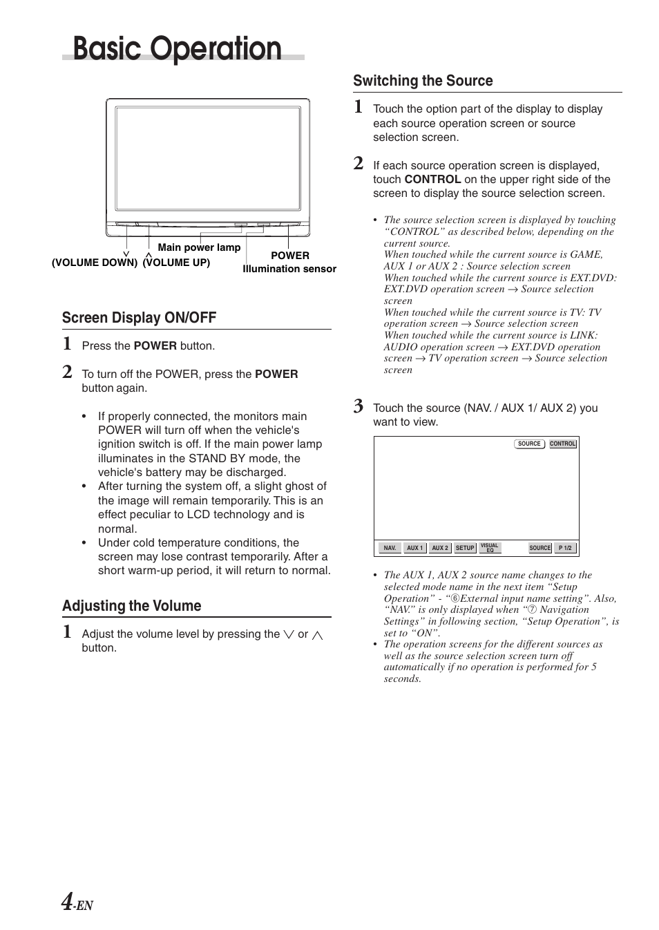 Basic operation, Switching the source, Screen display on/off | Adjusting the volume | Alpine 68-00493Z15-B User Manual | Page 6 / 26