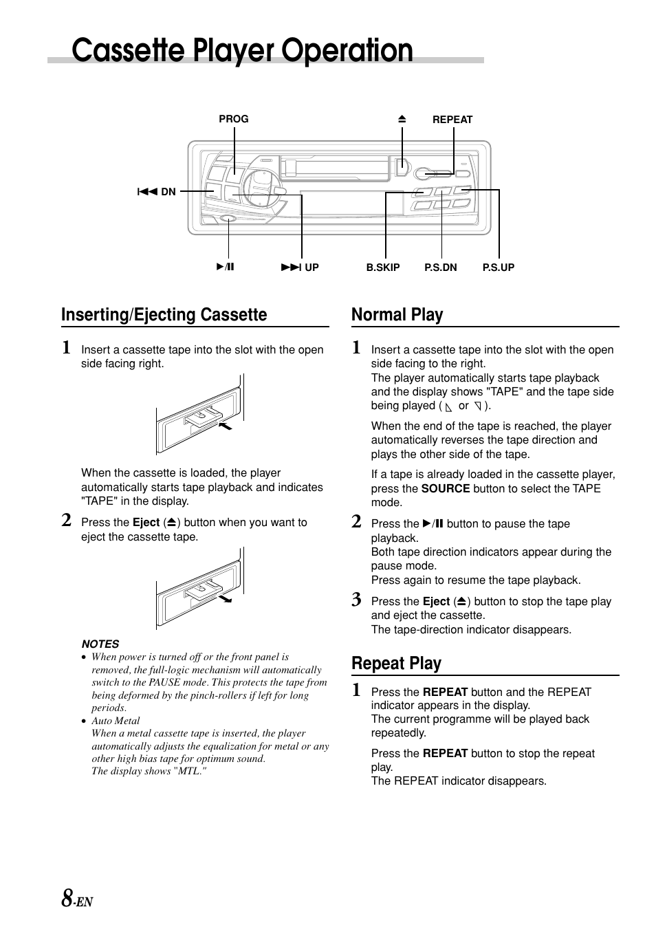 Cassette player operation, Inserting/ejecting cassette, Normal play | Repeat play | Alpine TDM-7580E User Manual | Page 10 / 19