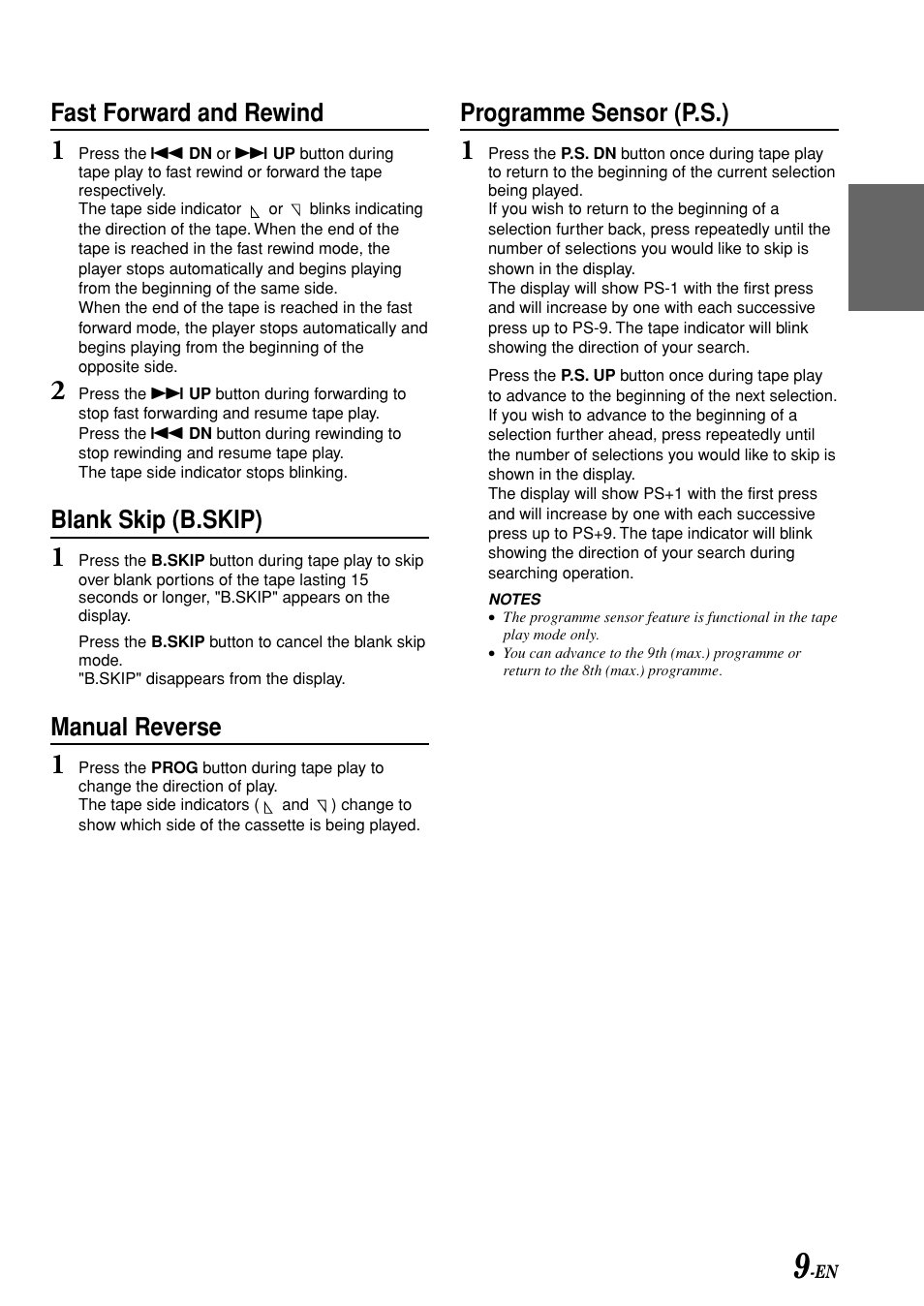 Fast forward and rewind, Blank skip (b.skip), Manual reverse | Programme sensor (p.s.) | Alpine TDM-7580E User Manual | Page 11 / 19