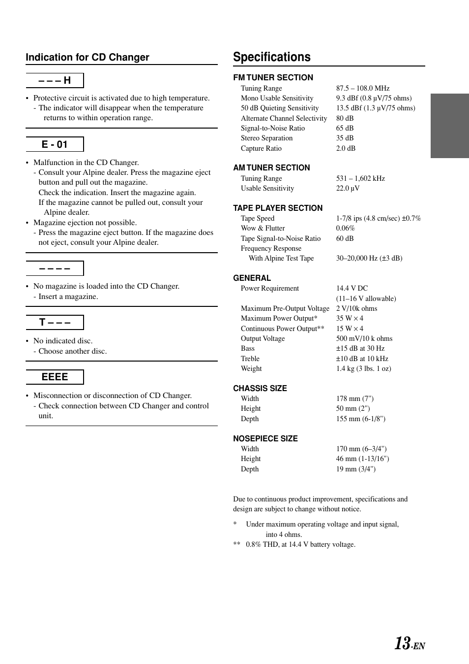 Specifications, Indication for cd changer | Alpine TDM-7580E User Manual | Page 15 / 19