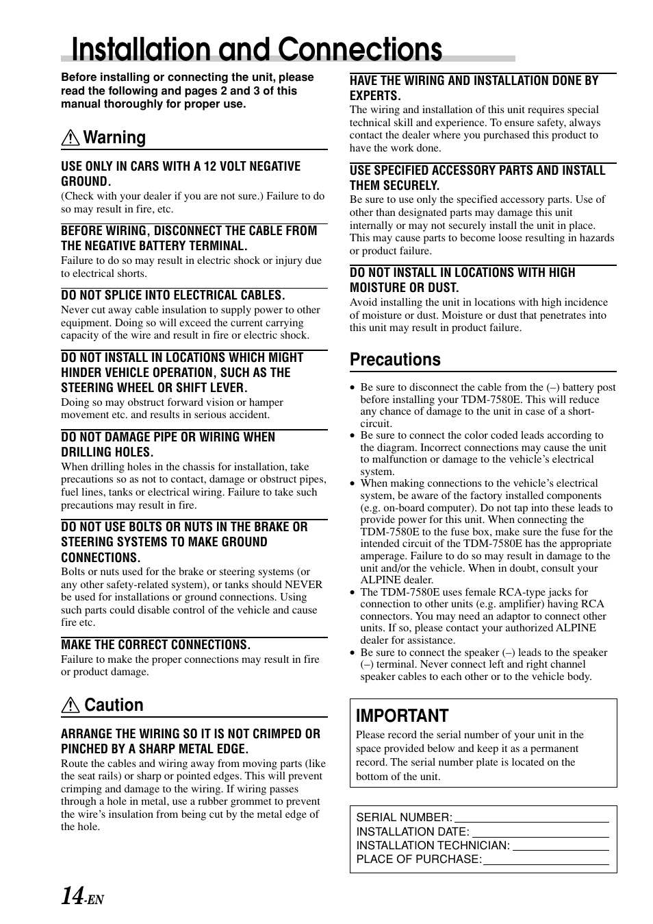 Installation and connections, Warning, Caution | Precautions, Important | Alpine TDM-7580E User Manual | Page 16 / 19
