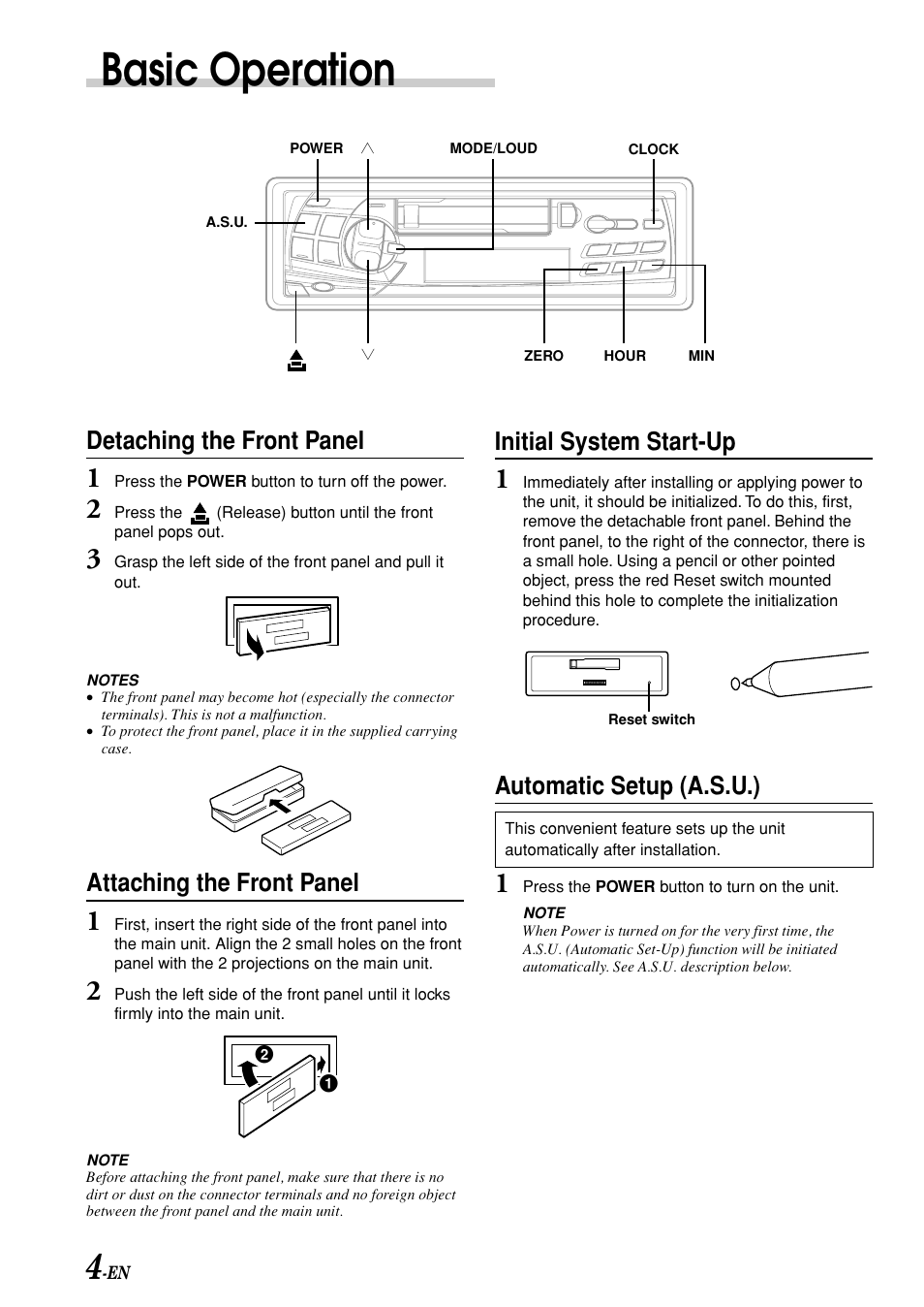 Basic operation, Detaching the front panel, Attaching the front panel | Initial system start-up, Automatic setup (a.s.u.) | Alpine TDM-7580E User Manual | Page 6 / 19