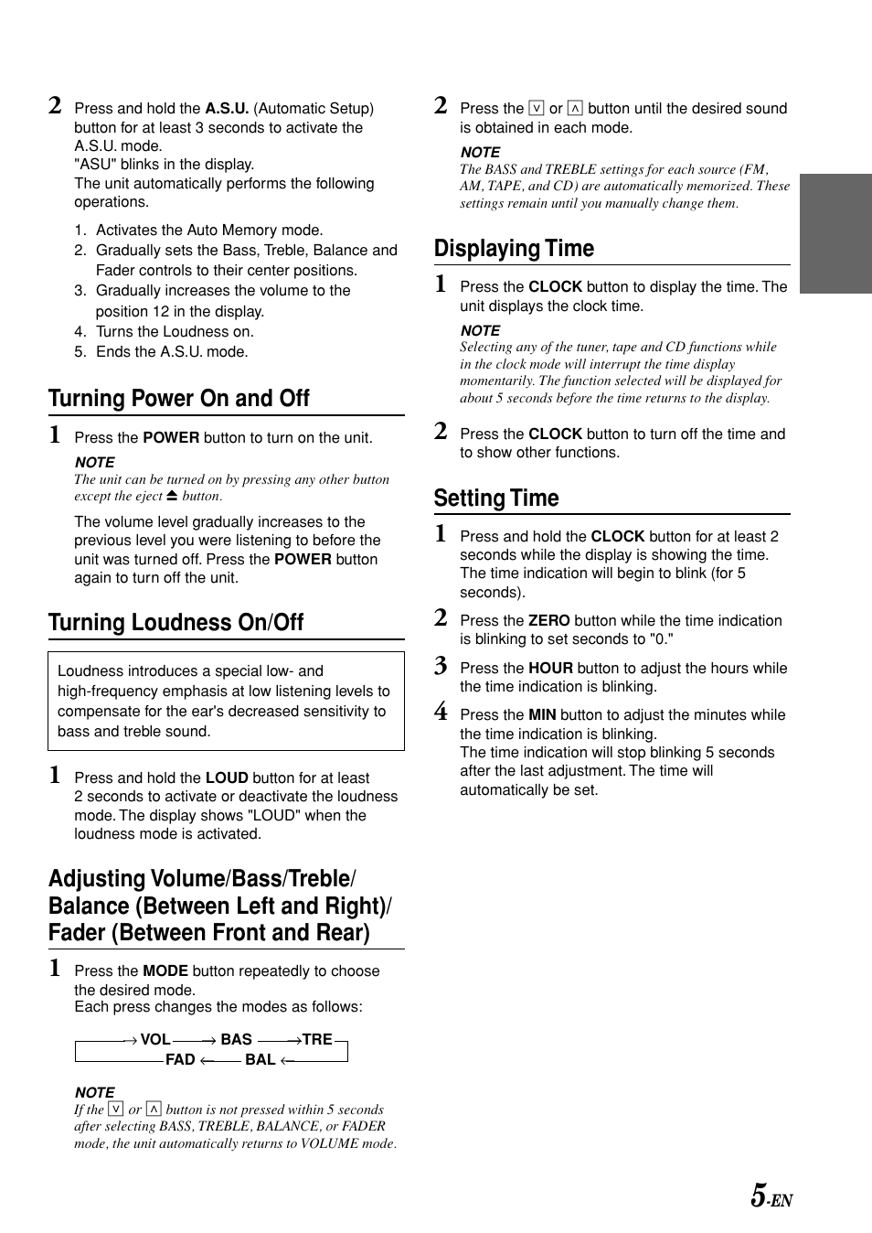 Turning power on and off, Turning loudness on/off, Displaying time | Setting time | Alpine TDM-7580E User Manual | Page 7 / 19