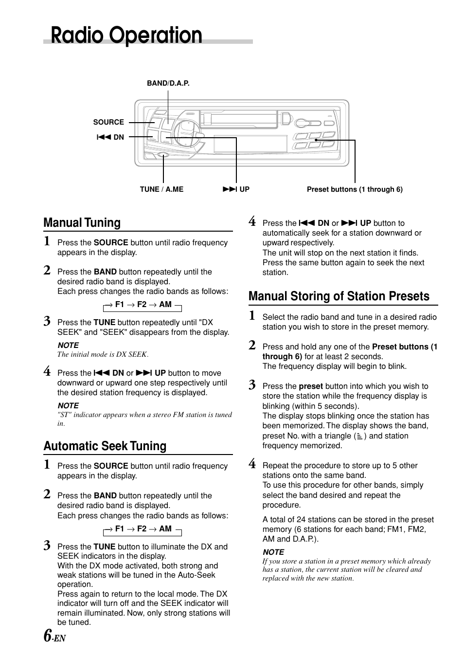 Radio operation, Manual storing of station presets, Manual tuning | Automatic seek tuning | Alpine TDM-7580E User Manual | Page 8 / 19